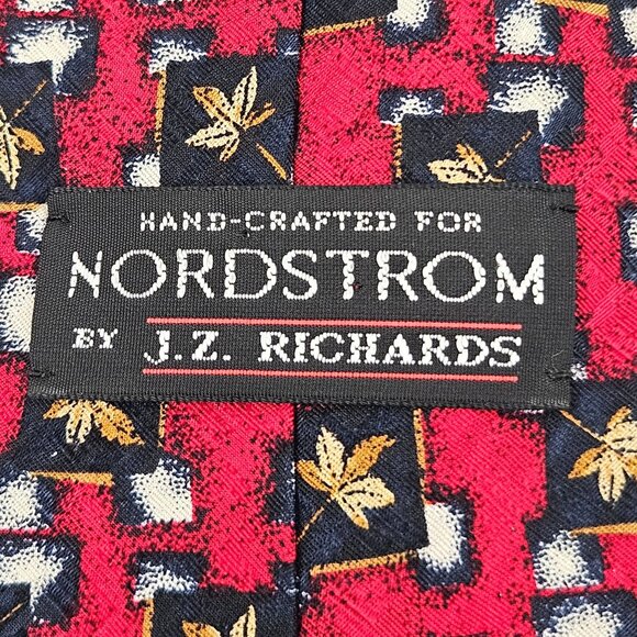 Nordstrom Silk Tie By J Z Richards Red Navy Gold Leaf Pattern Hand Crafted - Picture 3 of 7